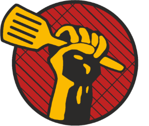 Logo firmy Mirand-Plus. Ręka trzymająca szpatułkę do grillowania